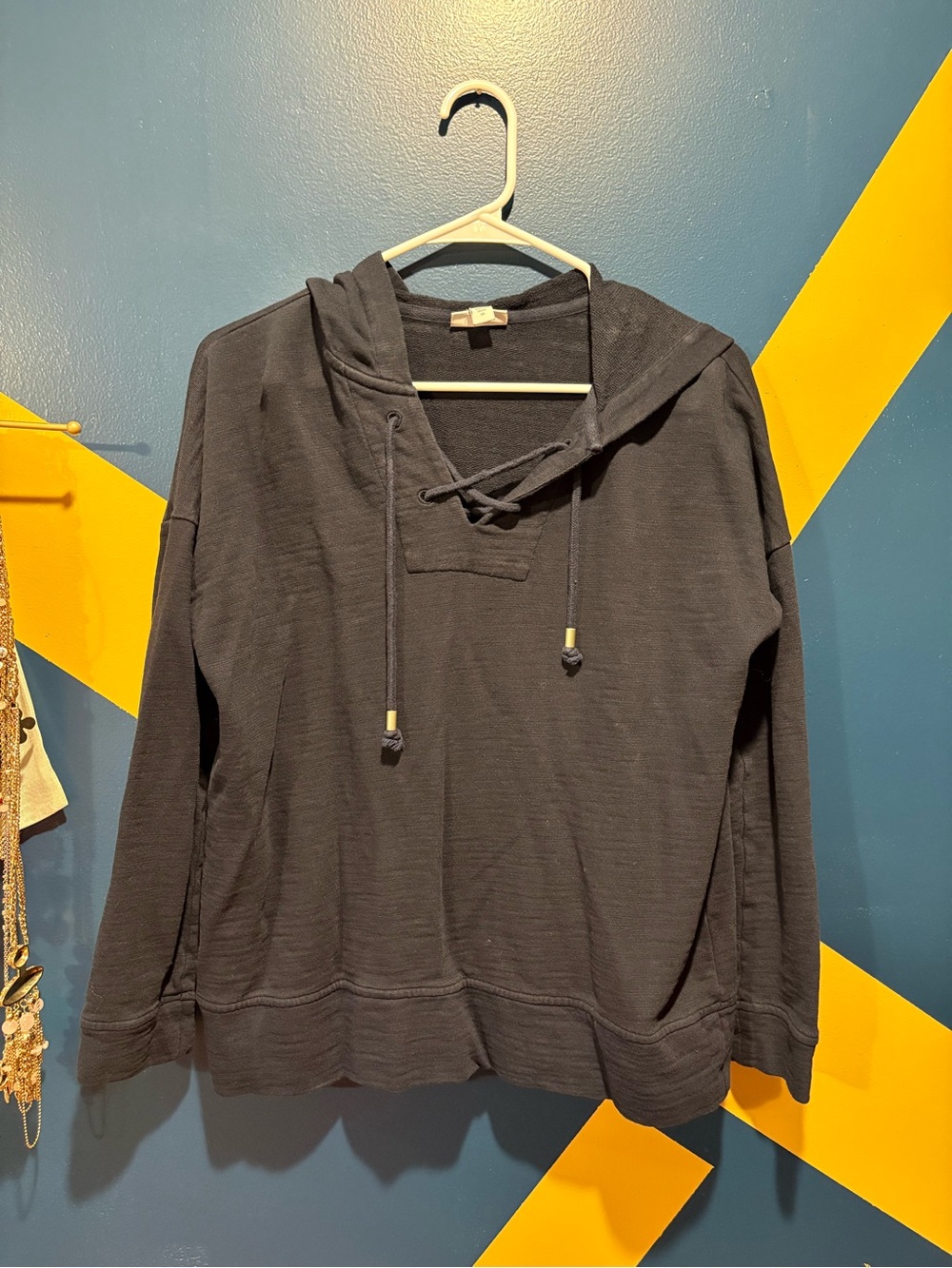 J. Jill Navy Lace-up Front Hooded Sweater EUC